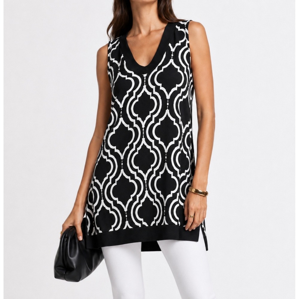 White‎ House Black Market Sleeveless Geometric Quatrefoil Long Tunic Top XS
